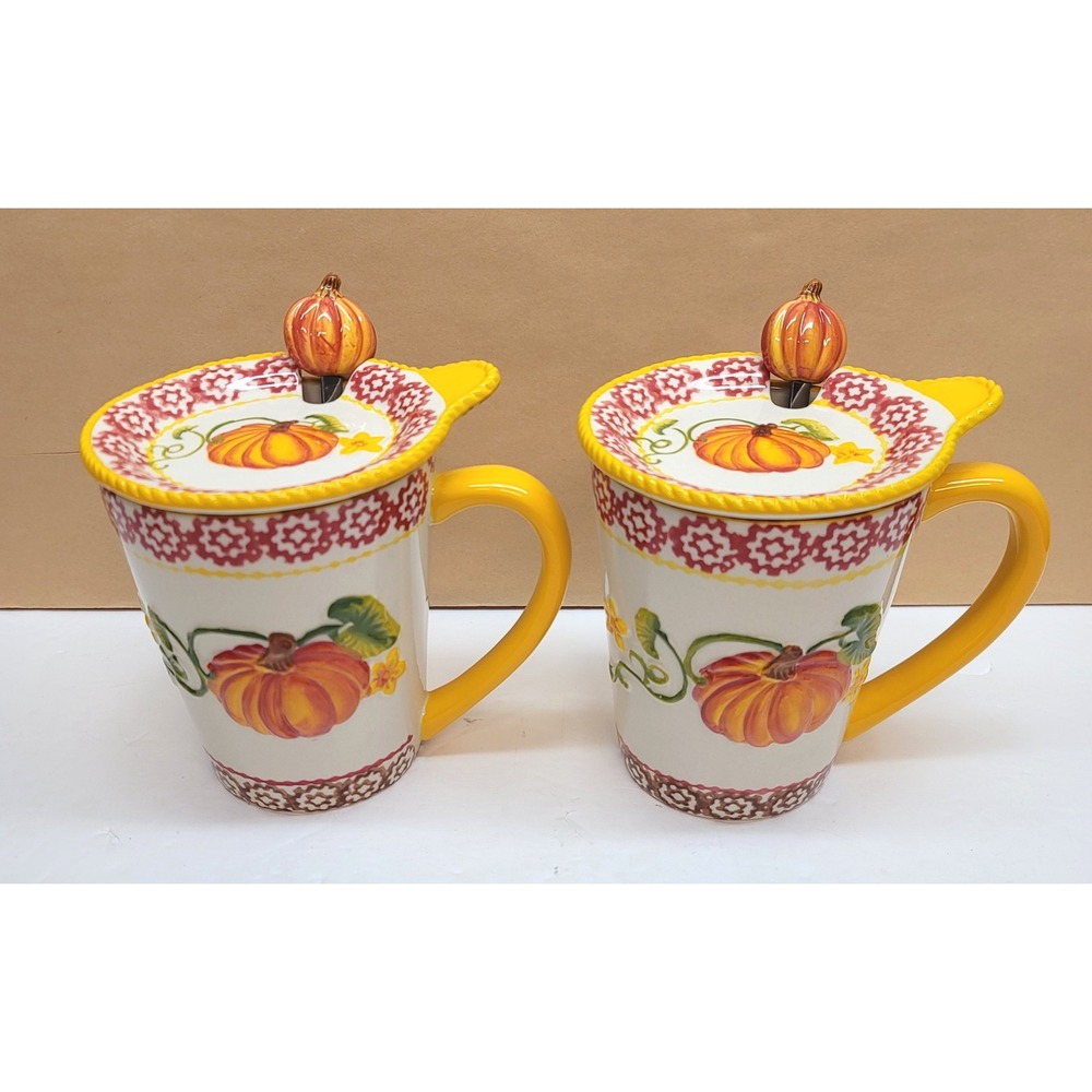 Set of 2 Temp-tations by Tara Pumpkin Patch 16oz Mugs w/ Lids and Spoons